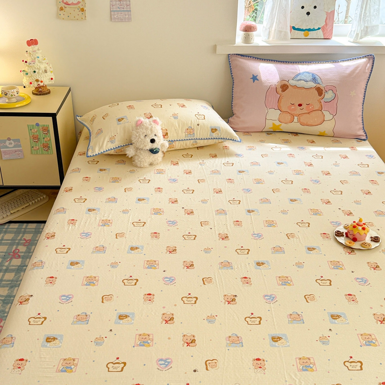 91家纺网 家纺一手货源 找家纺 沐辰 2025新款A类全棉纯棉双层纱单品床单床单单件单床单 晚安熊