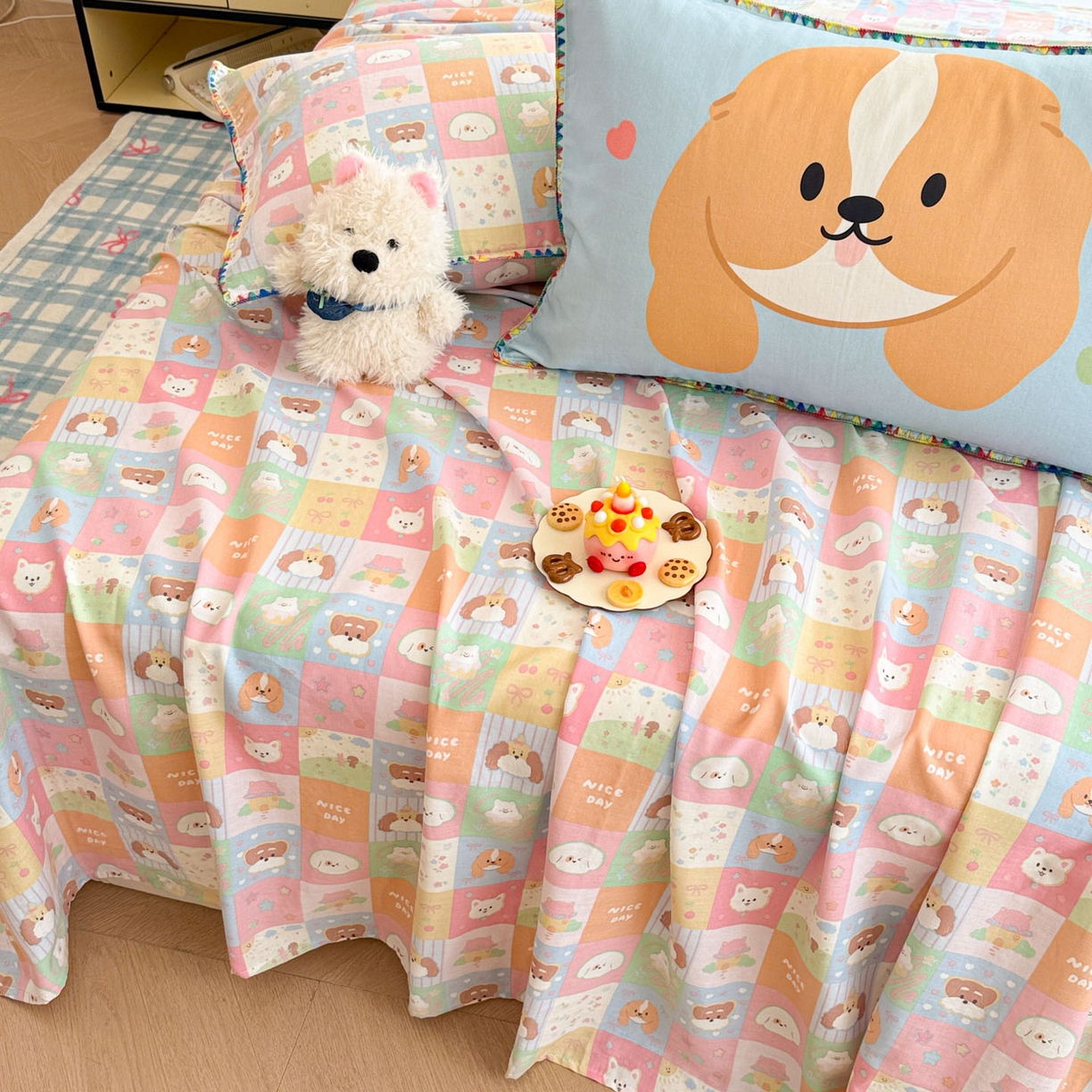 91家纺网 家纺一手货源 找家纺 沐辰 2025新款A类全棉纯棉双层纱单品床单床单单件单床单 格子狗狗