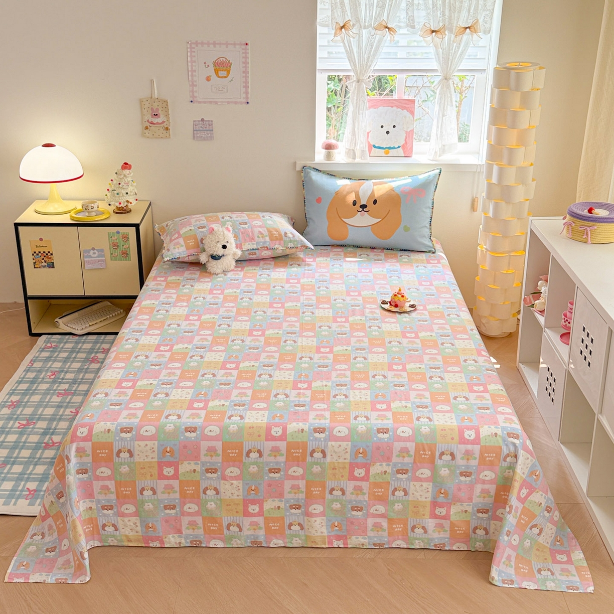 沐辰 2025新款A类全棉纯棉双层纱单品床单床单单件单床单 格子狗狗