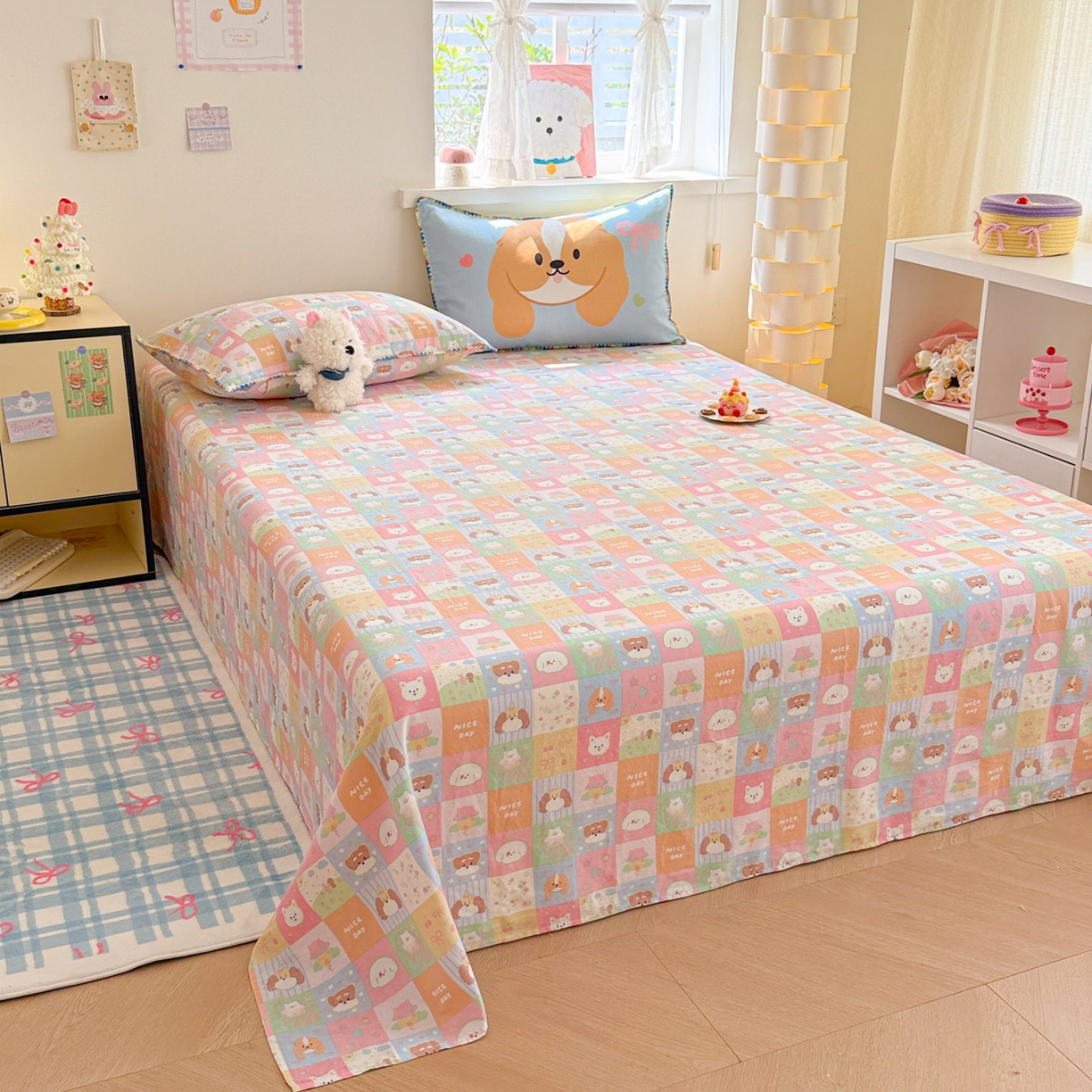 91家纺网 家纺一手货源 找家纺 沐辰 2025新款A类全棉纯棉双层纱单品床单床单单件单床单 格子狗狗