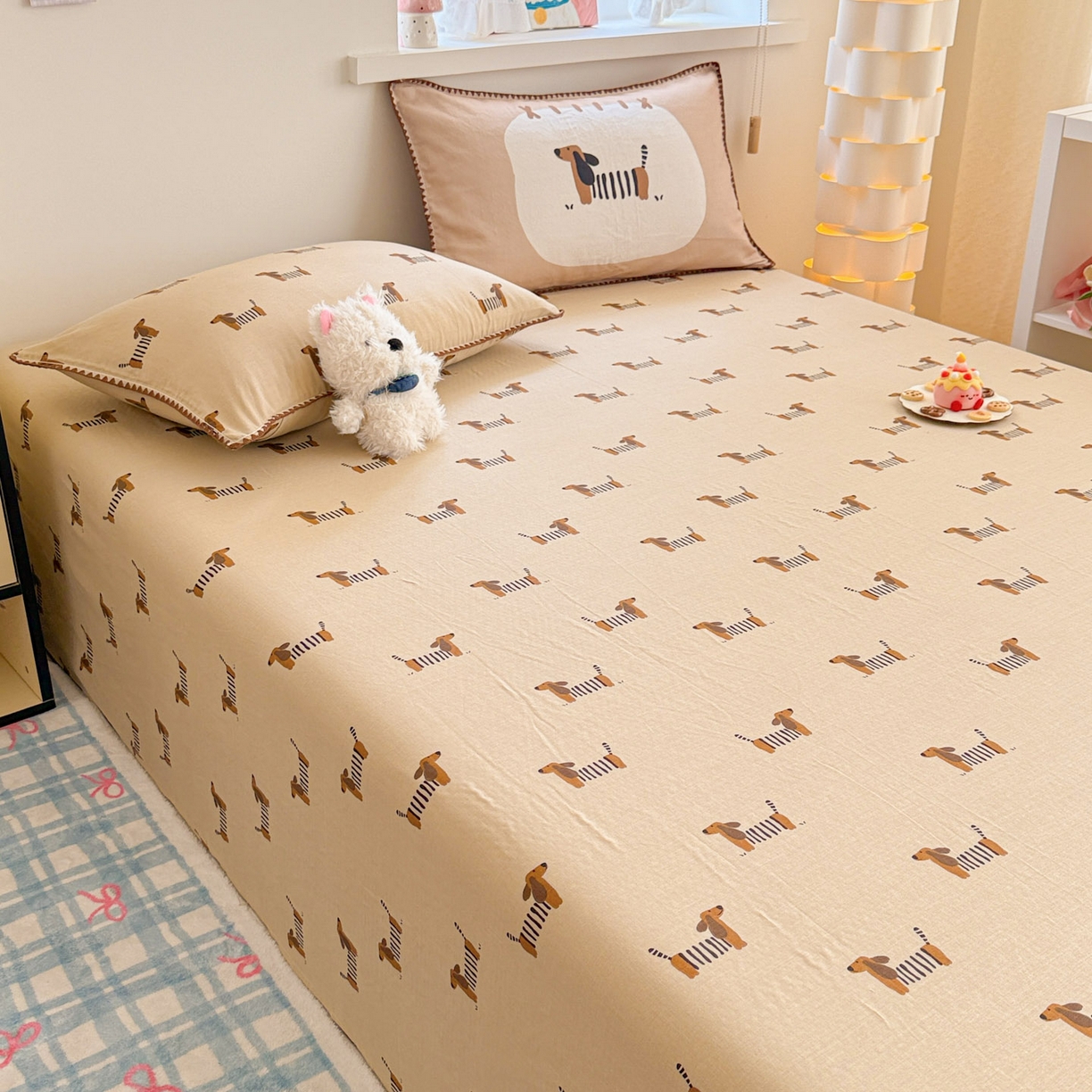 91家纺网 家纺一手货源 找家纺 沐辰 2025新款A类全棉纯棉双层纱单品床单床单单件单床单 棒棒小狗