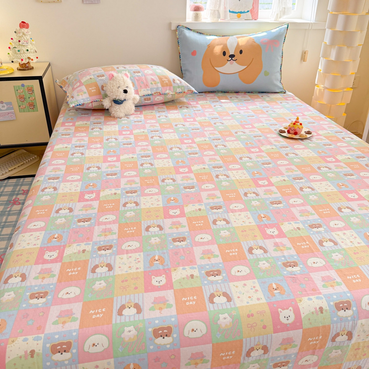 91家纺网 家纺一手货源 找家纺 沐辰 2025新款A类全棉纯棉双层纱单品床单床单单件单床单 格子狗狗