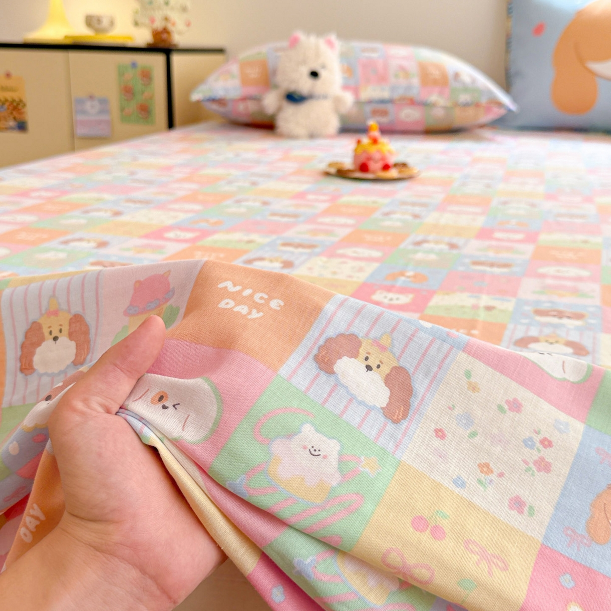 91家纺网 家纺一手货源 找家纺 沐辰 2025新款A类全棉纯棉双层纱单品床单床单单件单床单 格子狗狗