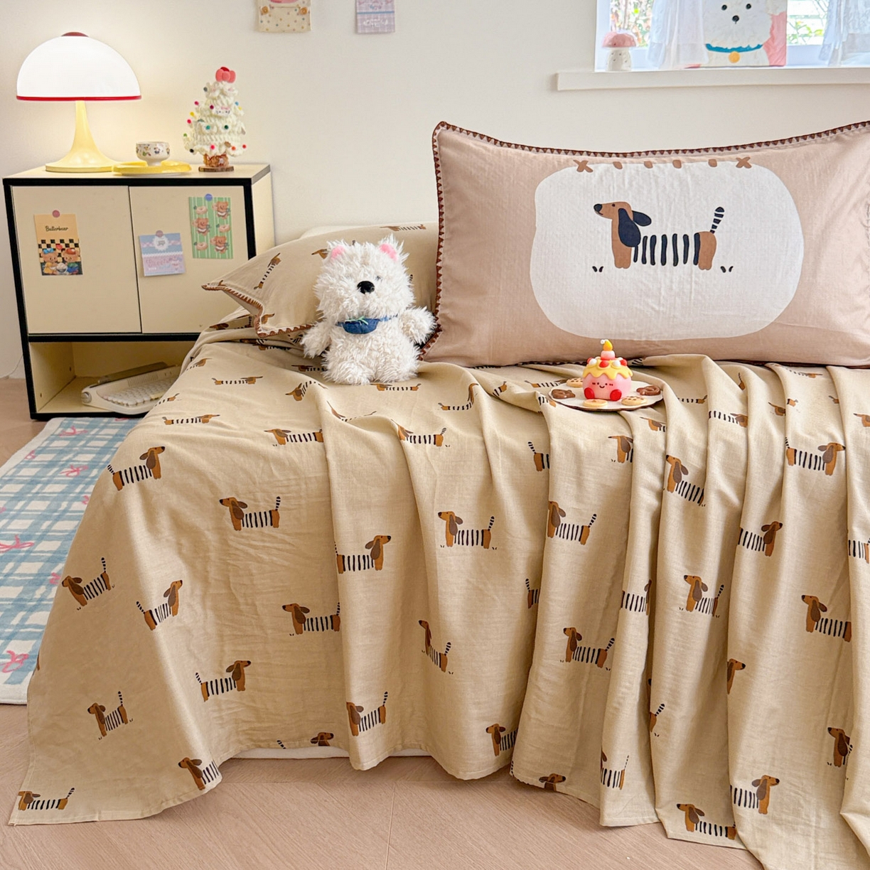 91家纺网 家纺一手货源 找家纺 沐辰 2025新款A类全棉纯棉双层纱单品床单床单单件单床单 棒棒小狗