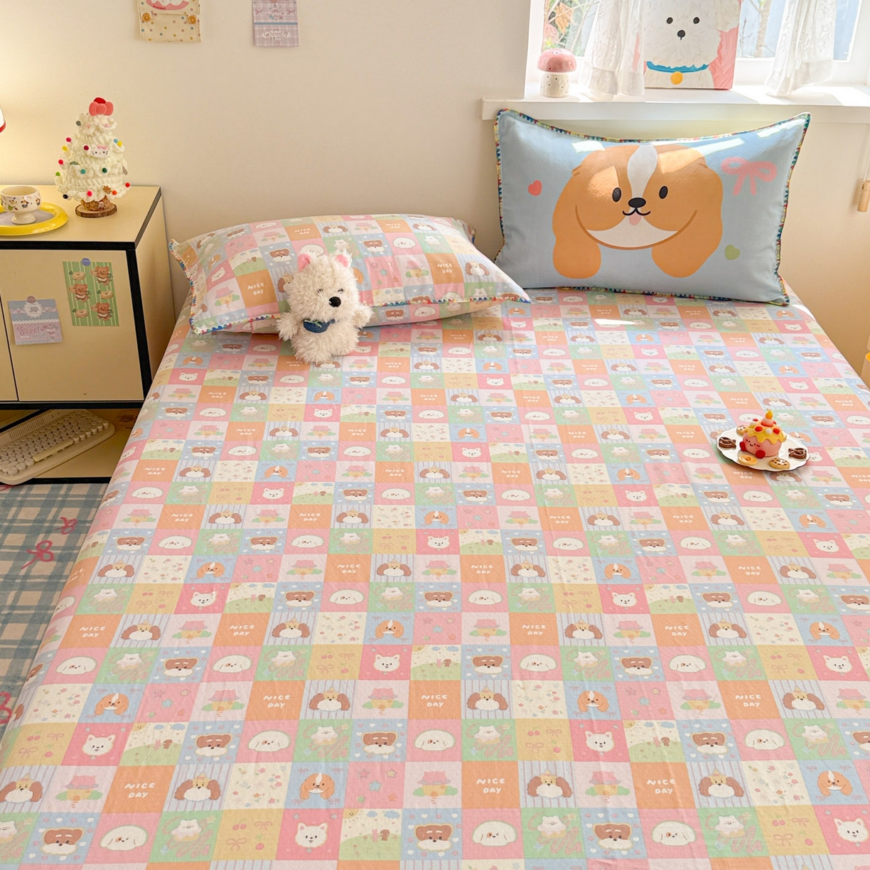 91家纺网 家纺一手货源 找家纺 沐辰 2025新款A类全棉纯棉双层纱单品床单床单单件单床单 格子狗狗