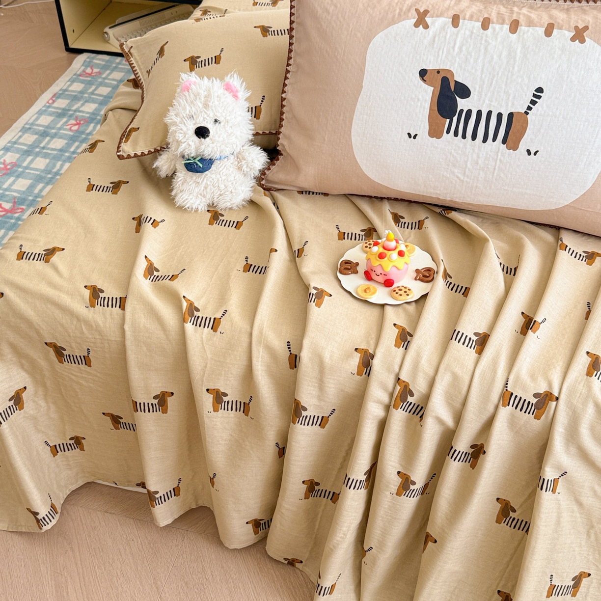 91家纺网 家纺一手货源 找家纺 沐辰 2025新款A类全棉纯棉双层纱单品床单床单单件单床单 棒棒小狗