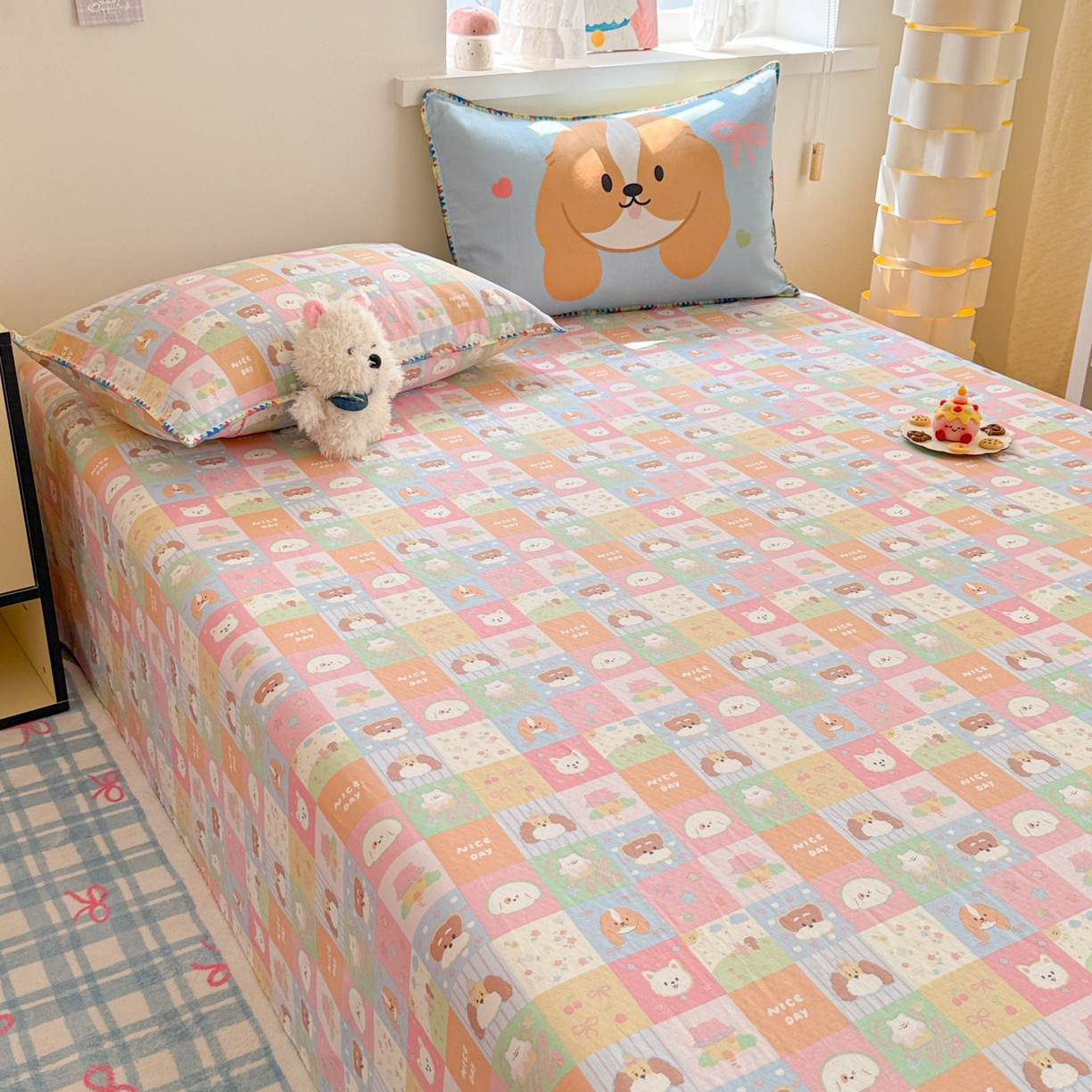 91家纺网 家纺一手货源 找家纺 沐辰 2025新款A类全棉纯棉双层纱单品床单床单单件单床单 格子狗狗