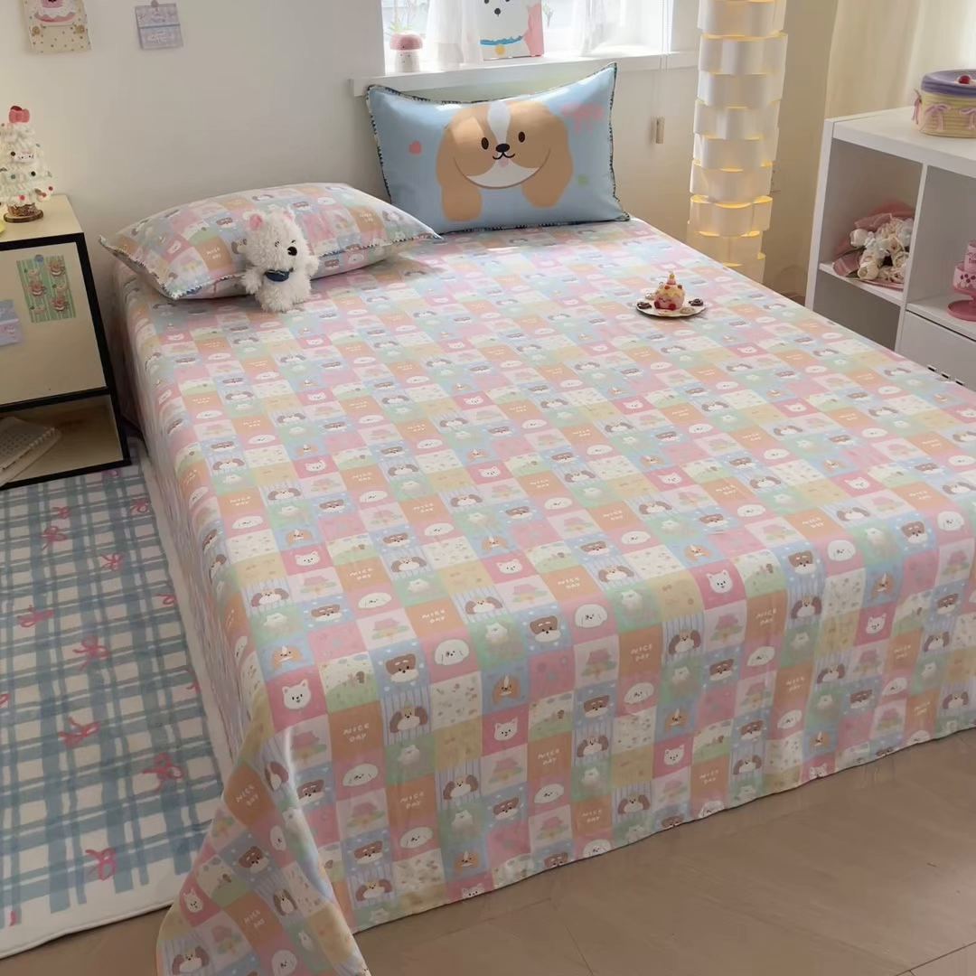 91家纺网 家纺一手货源 找家纺 沐辰 2025新款A类全棉纯棉双层纱单品床单床单单件单床单 格子狗狗
