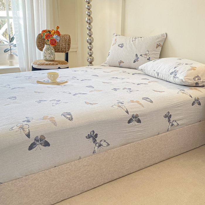 91家纺网 家纺一手货源 找家纺 康纳利 2025新款加厚亚麻皱皱纱床笠单床笠床笠单品 蝶舞