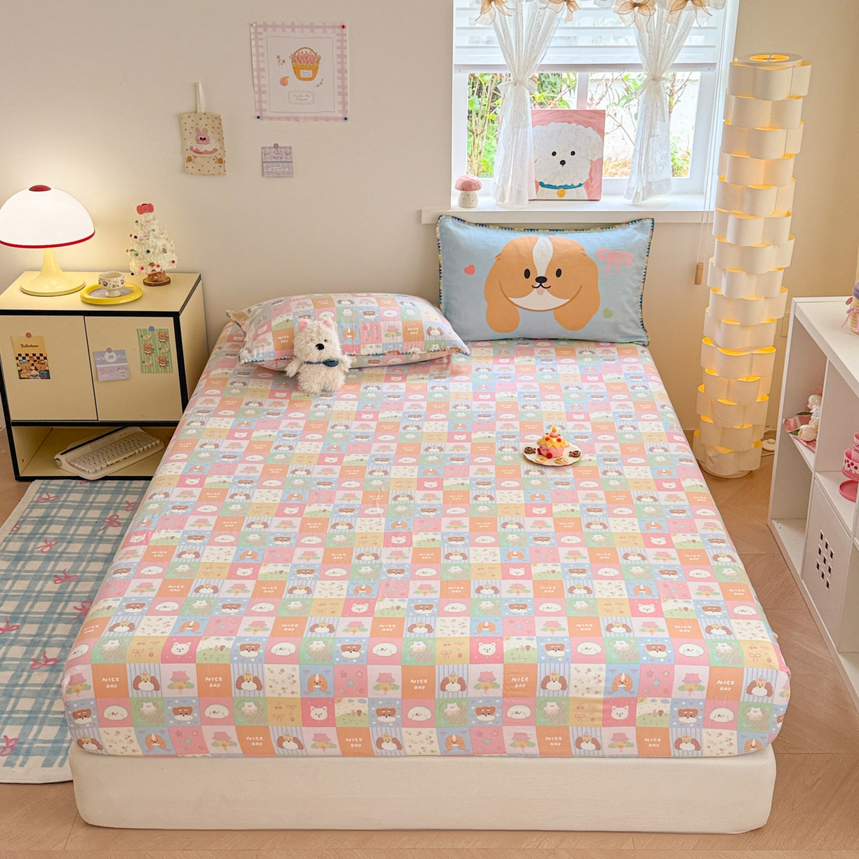 沐辰 2025新款A类全棉纯棉双层纱单品床笠床笠单件单床笠 格子狗狗