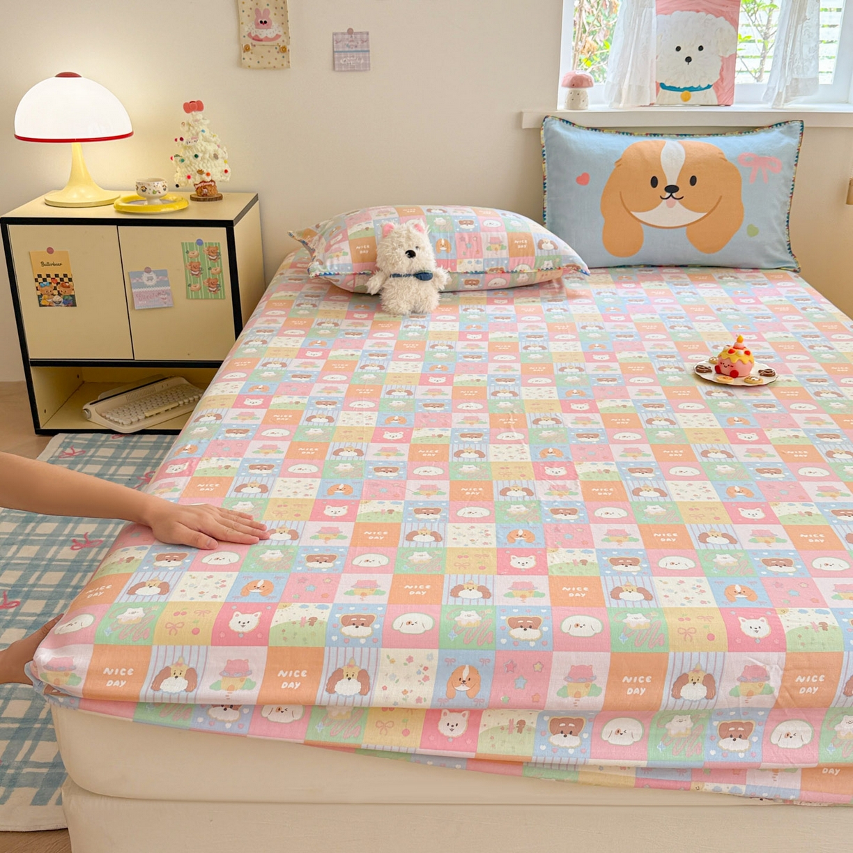 91家纺网 家纺一手货源 找家纺 沐辰 2025新款A类全棉纯棉双层纱单品床笠床笠单件单床笠 格子狗狗