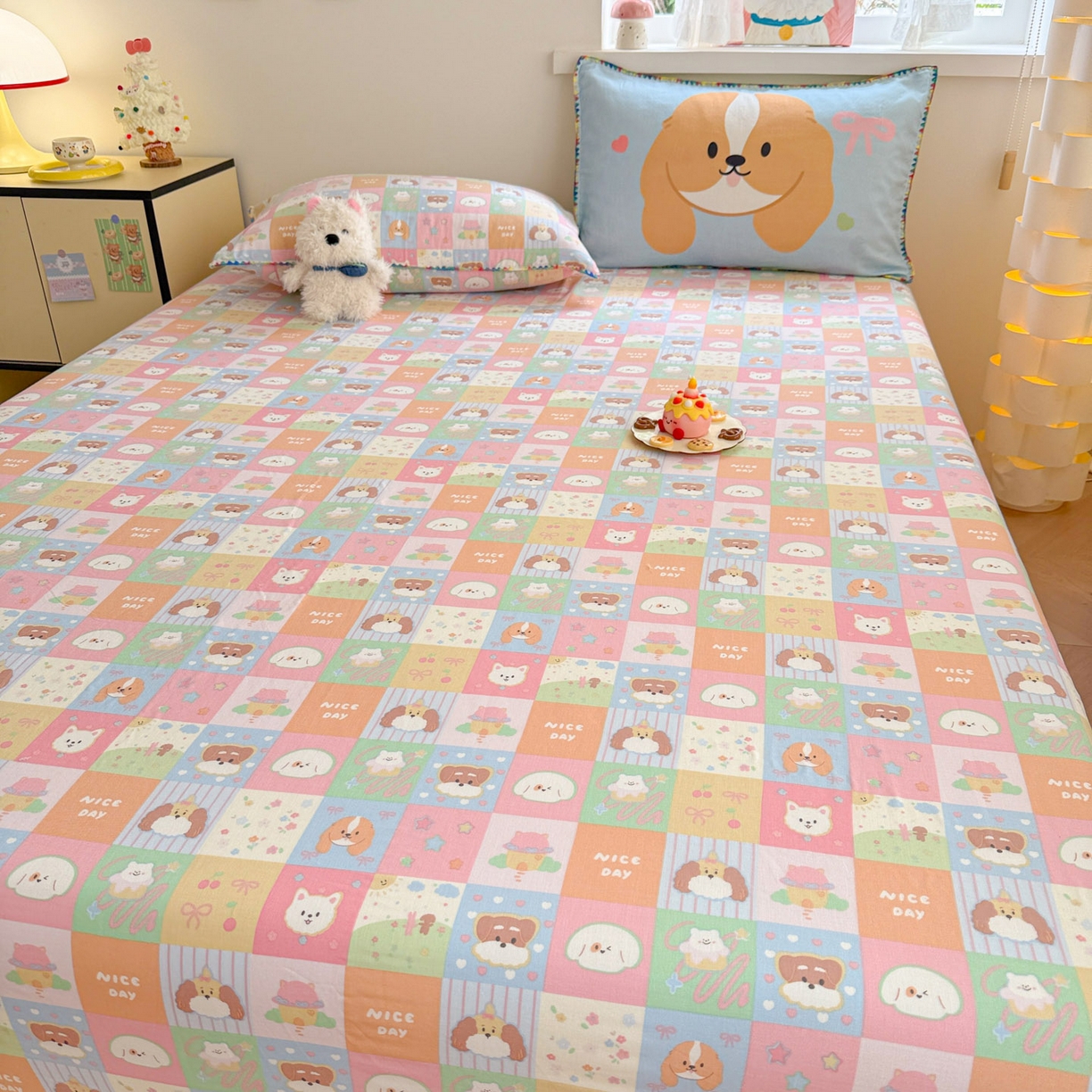 91家纺网 家纺一手货源 找家纺 沐辰 2025新款A类全棉纯棉双层纱单品床笠床笠单件单床笠 格子狗狗