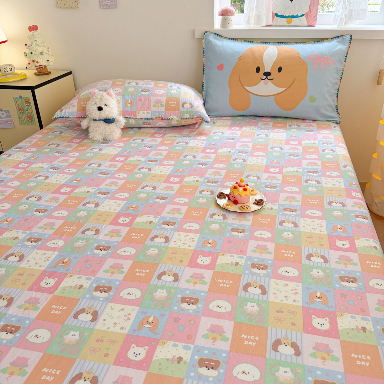 91家纺网 家纺一手货源 找家纺 沐辰 2025新款A类全棉纯棉双层纱单品床笠床笠单件单床笠 格子狗狗