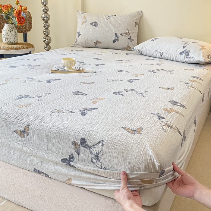 91家纺网 家纺一手货源 找家纺 康纳利 2025新款加厚亚麻皱皱纱床笠单床笠床笠单品 蝶舞