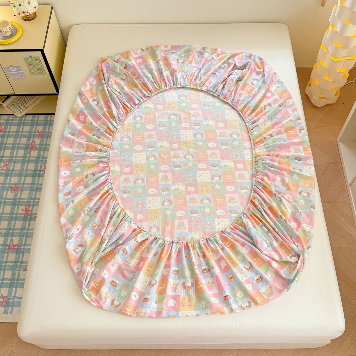 91家纺网 家纺一手货源 找家纺 沐辰 2025新款A类全棉纯棉双层纱单品床笠床笠单件单床笠 格子狗狗