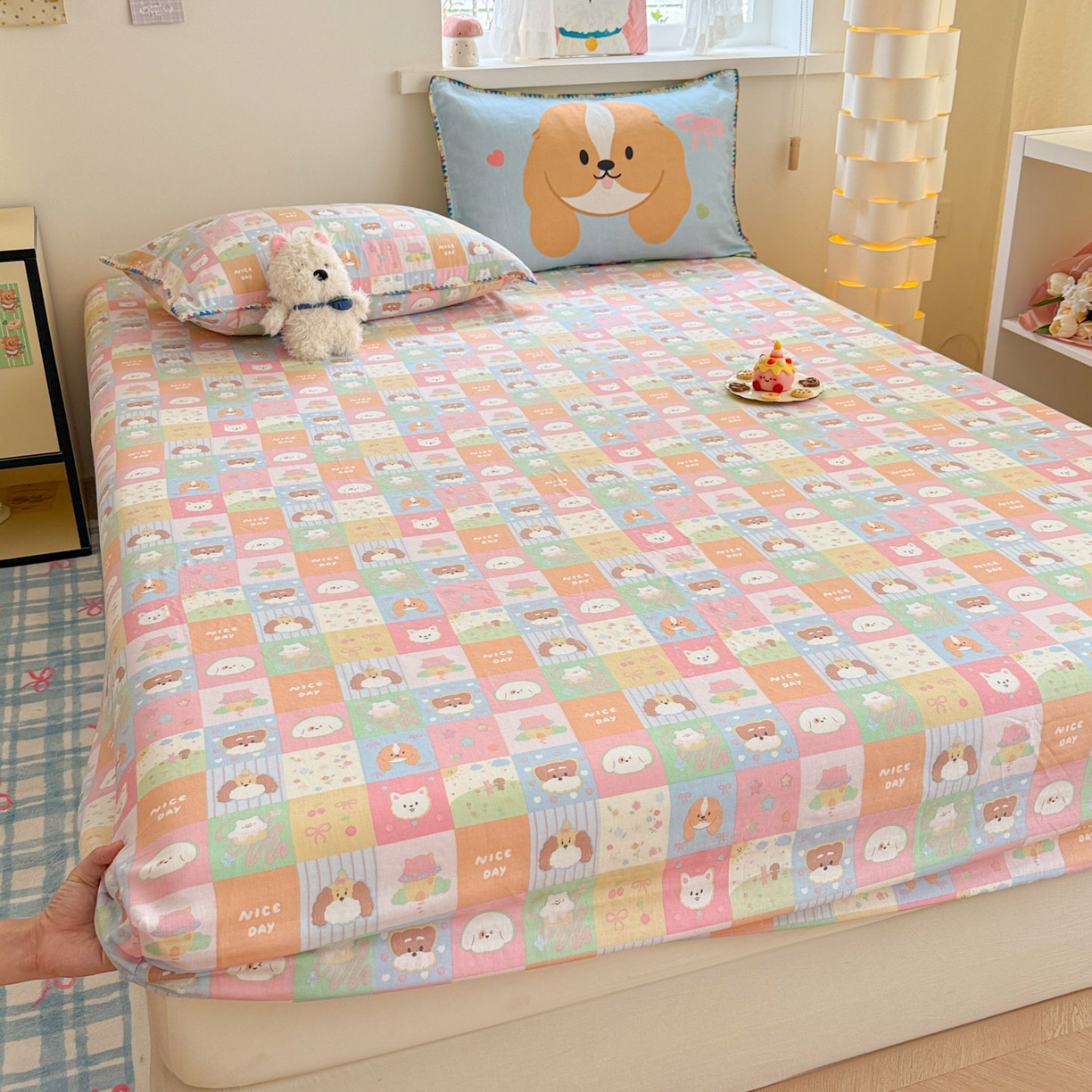 91家纺网 家纺一手货源 找家纺 沐辰 2025新款A类全棉纯棉双层纱单品床笠床笠单件单床笠 格子狗狗