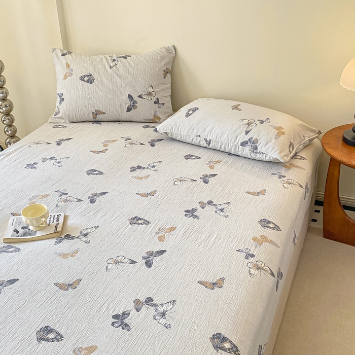 91家纺网 家纺一手货源 找家纺 康纳利 2025新款加厚亚麻皱皱纱床笠单床笠床笠单品 蝶舞