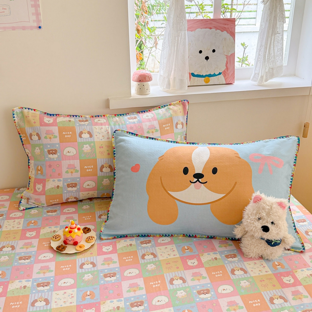 91家纺网 家纺一手货源 找家纺 沐辰 2025新款A类全棉纯棉双层纱单品床笠床笠单件单床笠 格子狗狗