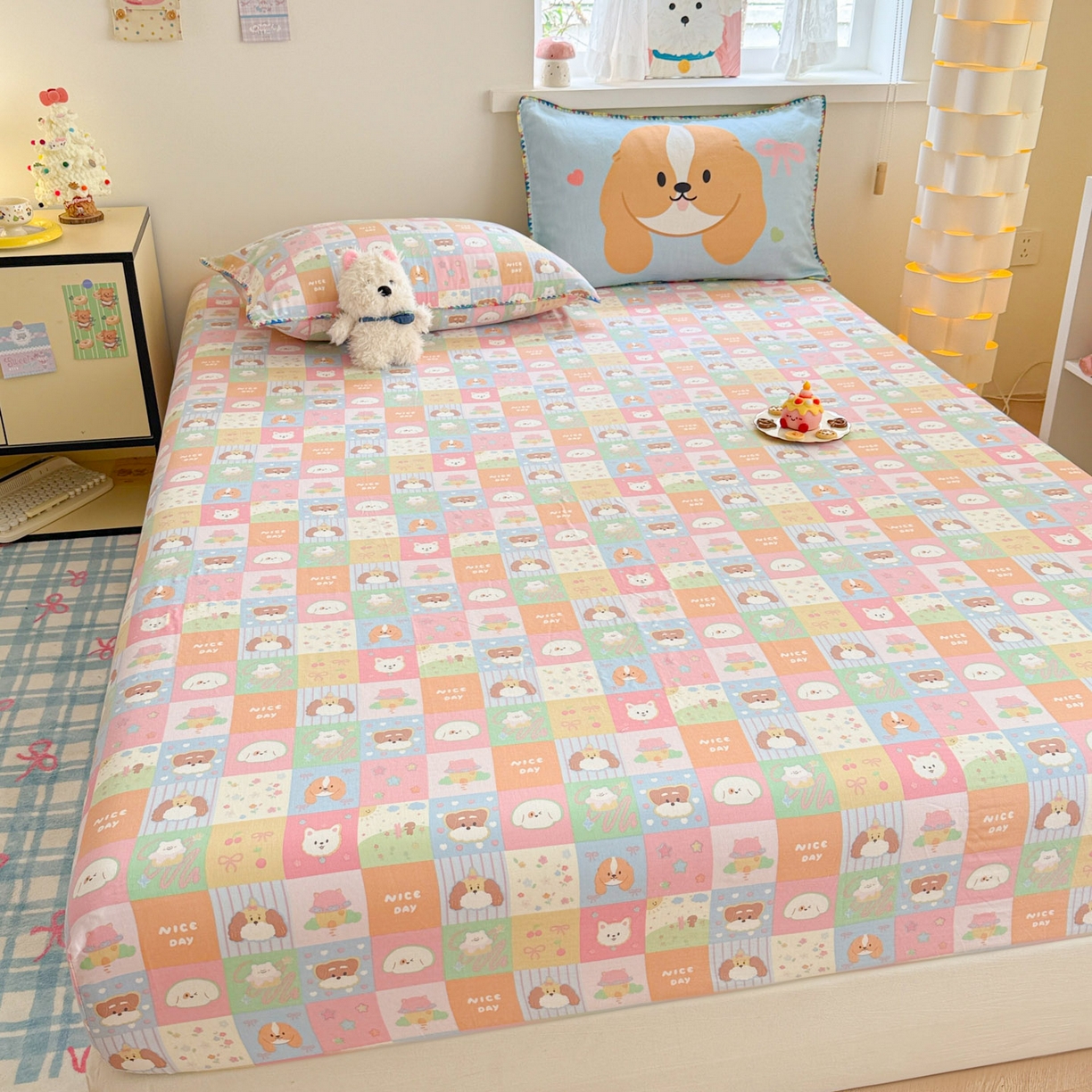 91家纺网 家纺一手货源 找家纺 沐辰 2025新款A类全棉纯棉双层纱单品床笠床笠单件单床笠 格子狗狗