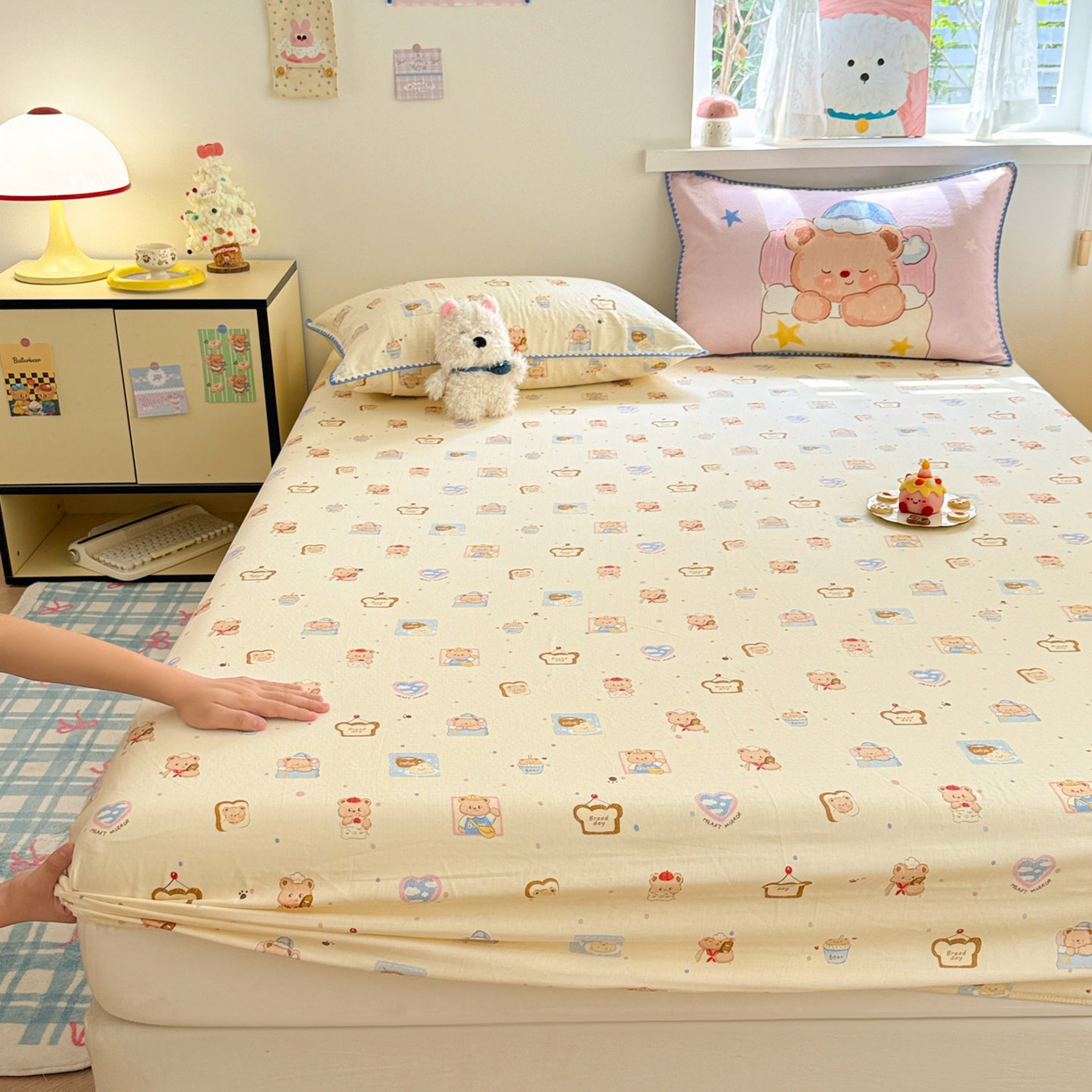 91家纺网 家纺一手货源 找家纺 沐辰 2025新款A类全棉纯棉双层纱单品床笠床笠单件单床笠 晚安熊