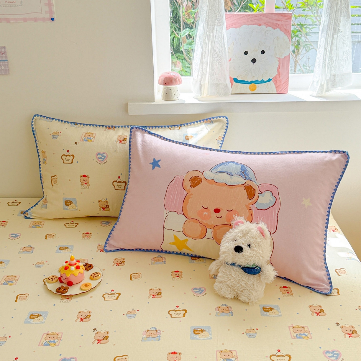 91家纺网 家纺一手货源 找家纺 沐辰 2025新款A类全棉纯棉双层纱单品床笠床笠单件单床笠 晚安熊