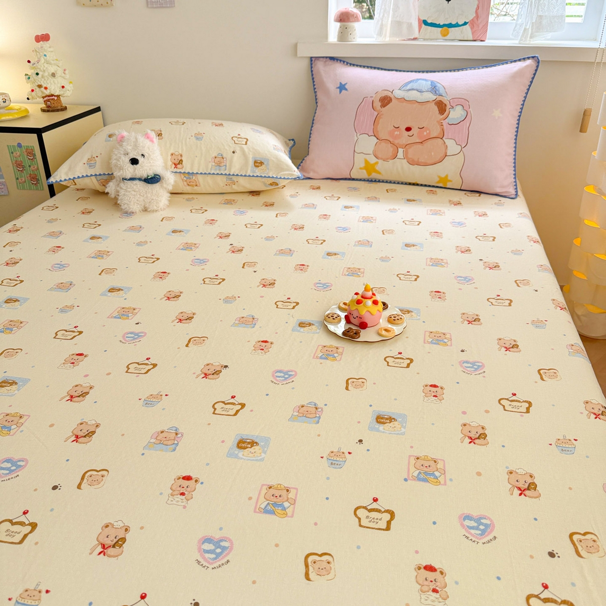 91家纺网 家纺一手货源 找家纺 沐辰 2025新款A类全棉纯棉双层纱单品床笠床笠单件单床笠 晚安熊