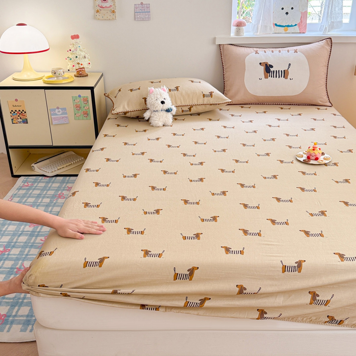 91家纺网 家纺一手货源 找家纺 沐辰 2025新款A类全棉纯棉双层纱单品床笠床笠单件单床笠 棒棒小狗