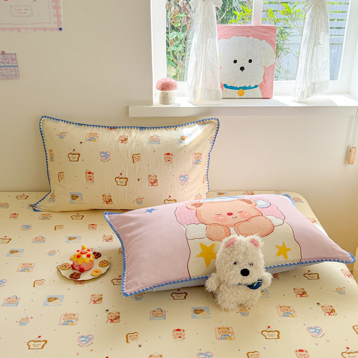 91家纺网 家纺一手货源 找家纺 沐辰 2025新款A类全棉纯棉双层纱单品床笠床笠单件单床笠 晚安熊