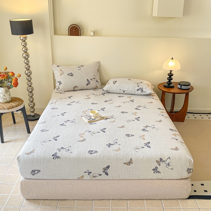 91家纺网 家纺一手货源 找家纺 康纳利 2025新款加厚亚麻皱皱纱床笠单床笠床笠单品 蝶舞