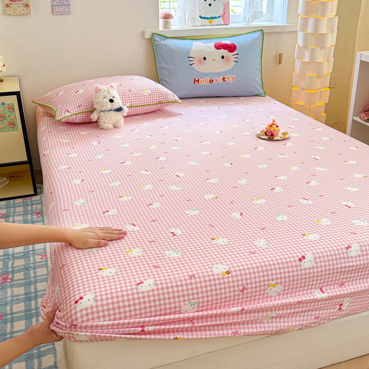 91家纺网 家纺一手货源 找家纺 沐辰 2025新款A类全棉纯棉双层纱单品床笠床笠单件单床笠 蓝色小猫