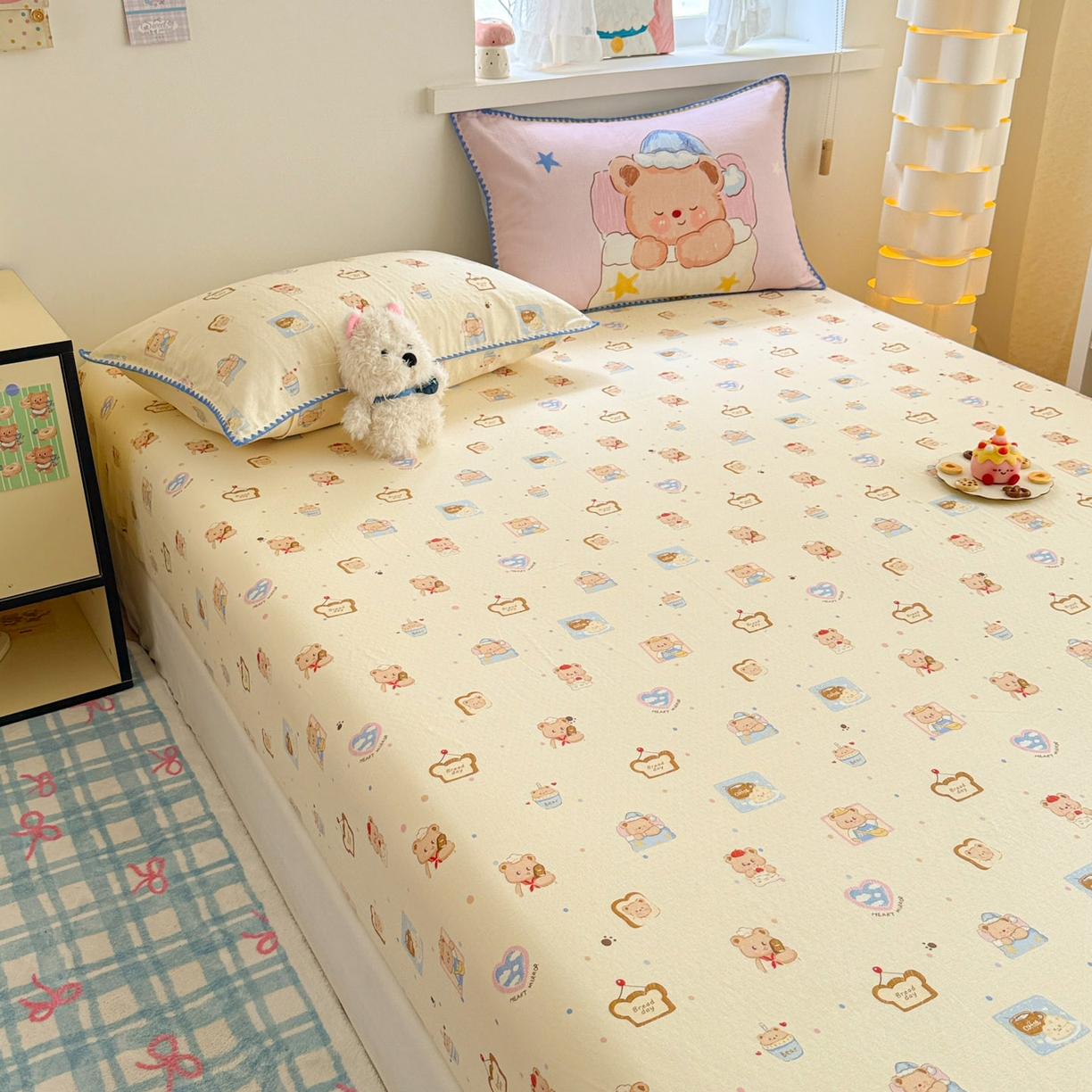 91家纺网 家纺一手货源 找家纺 沐辰 2025新款A类全棉纯棉双层纱单品床笠床笠单件单床笠 晚安熊