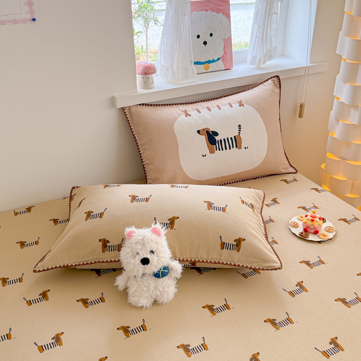 91家纺网 家纺一手货源 找家纺 沐辰 2025新款A类全棉纯棉双层纱单品床笠床笠单件单床笠 棒棒小狗