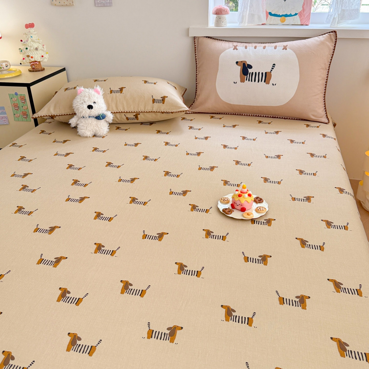 91家纺网 家纺一手货源 找家纺 沐辰 2025新款A类全棉纯棉双层纱单品床笠床笠单件单床笠 棒棒小狗