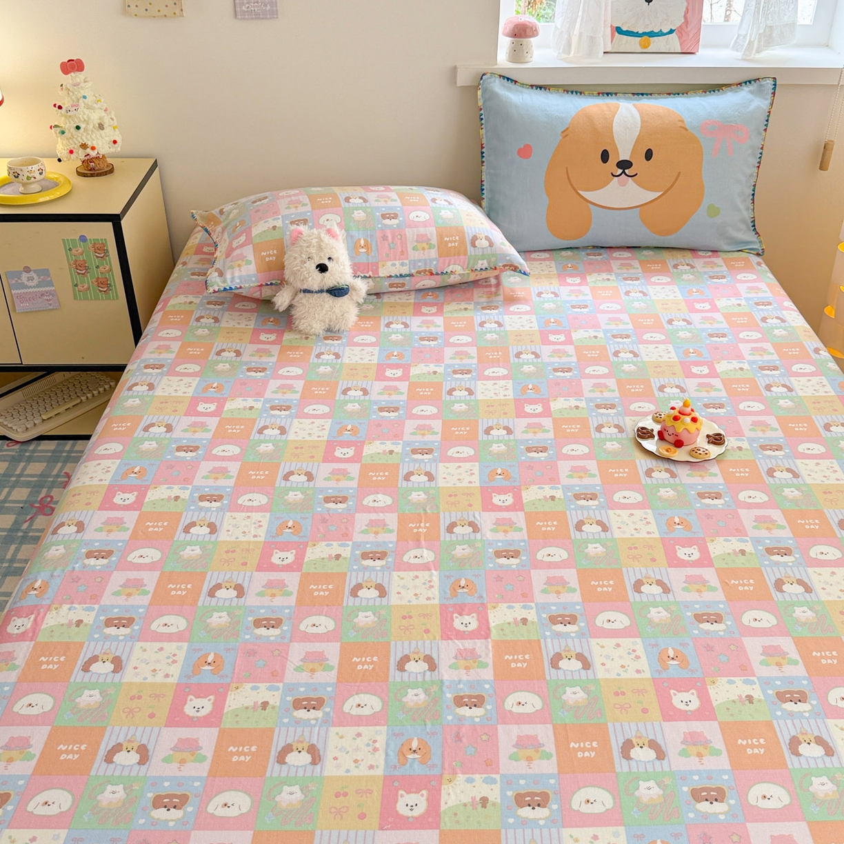 91家纺网 家纺一手货源 找家纺 沐辰 2025新款A类全棉纯棉双层纱单品床笠床笠单件单床笠 格子狗狗