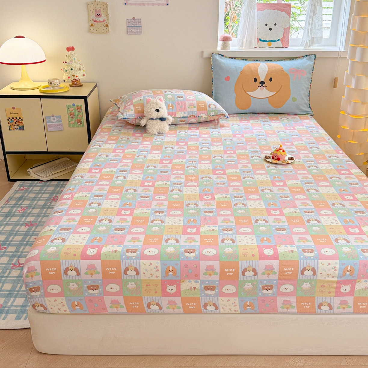 91家纺网 家纺一手货源 找家纺 沐辰 2025新款A类全棉纯棉双层纱单品床笠床笠单件单床笠 格子狗狗