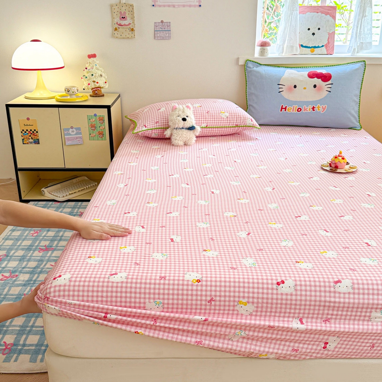 91家纺网 家纺一手货源 找家纺 沐辰 2025新款A类全棉纯棉双层纱单品床笠床笠单件单床笠 蓝色小猫