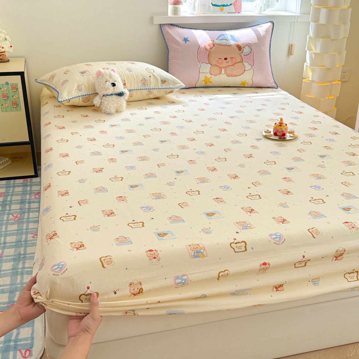 91家纺网 家纺一手货源 找家纺 沐辰 2025新款A类全棉纯棉双层纱单品床笠床笠单件单床笠 晚安熊