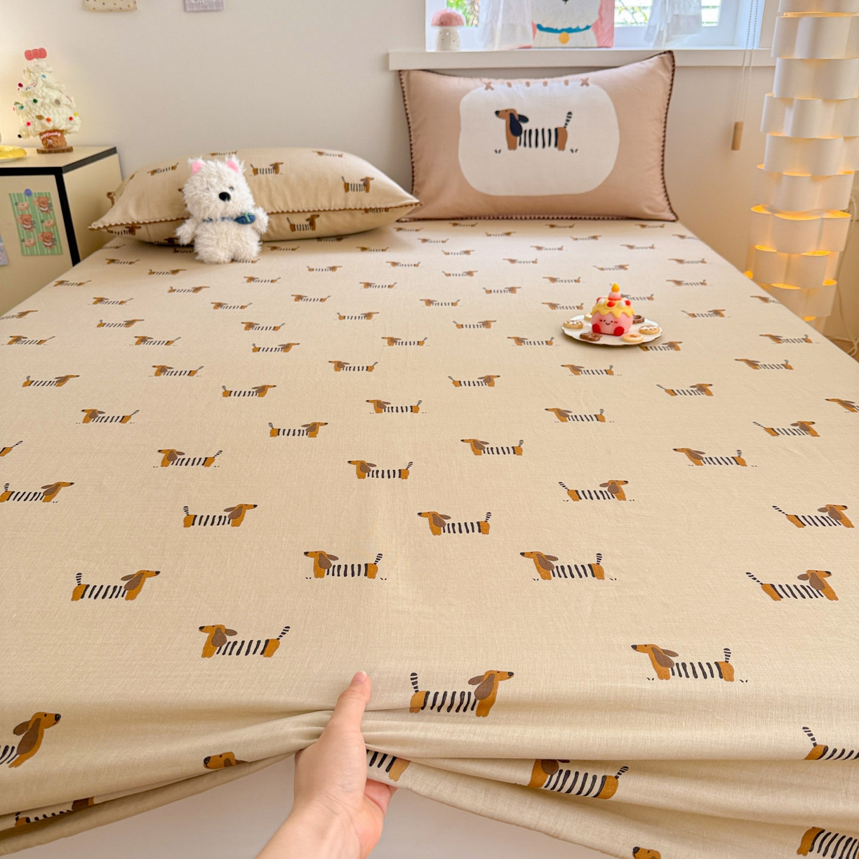 91家纺网 家纺一手货源 找家纺 沐辰 2025新款A类全棉纯棉双层纱单品床笠床笠单件单床笠 棒棒小狗