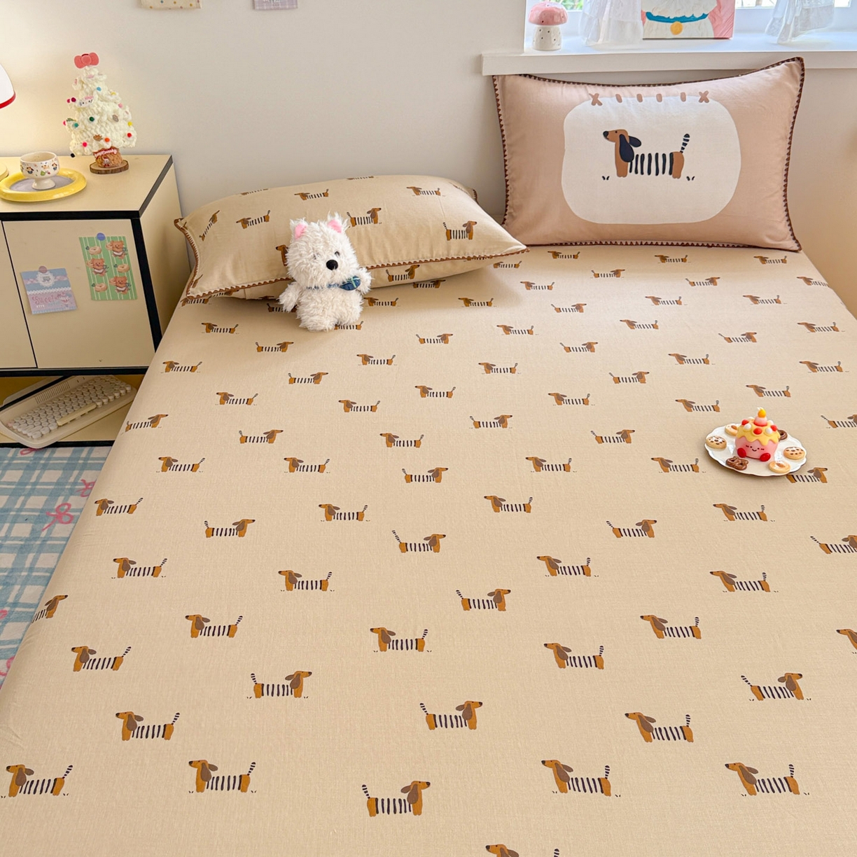 91家纺网 家纺一手货源 找家纺 沐辰 2025新款A类全棉纯棉双层纱单品床笠床笠单件单床笠 棒棒小狗