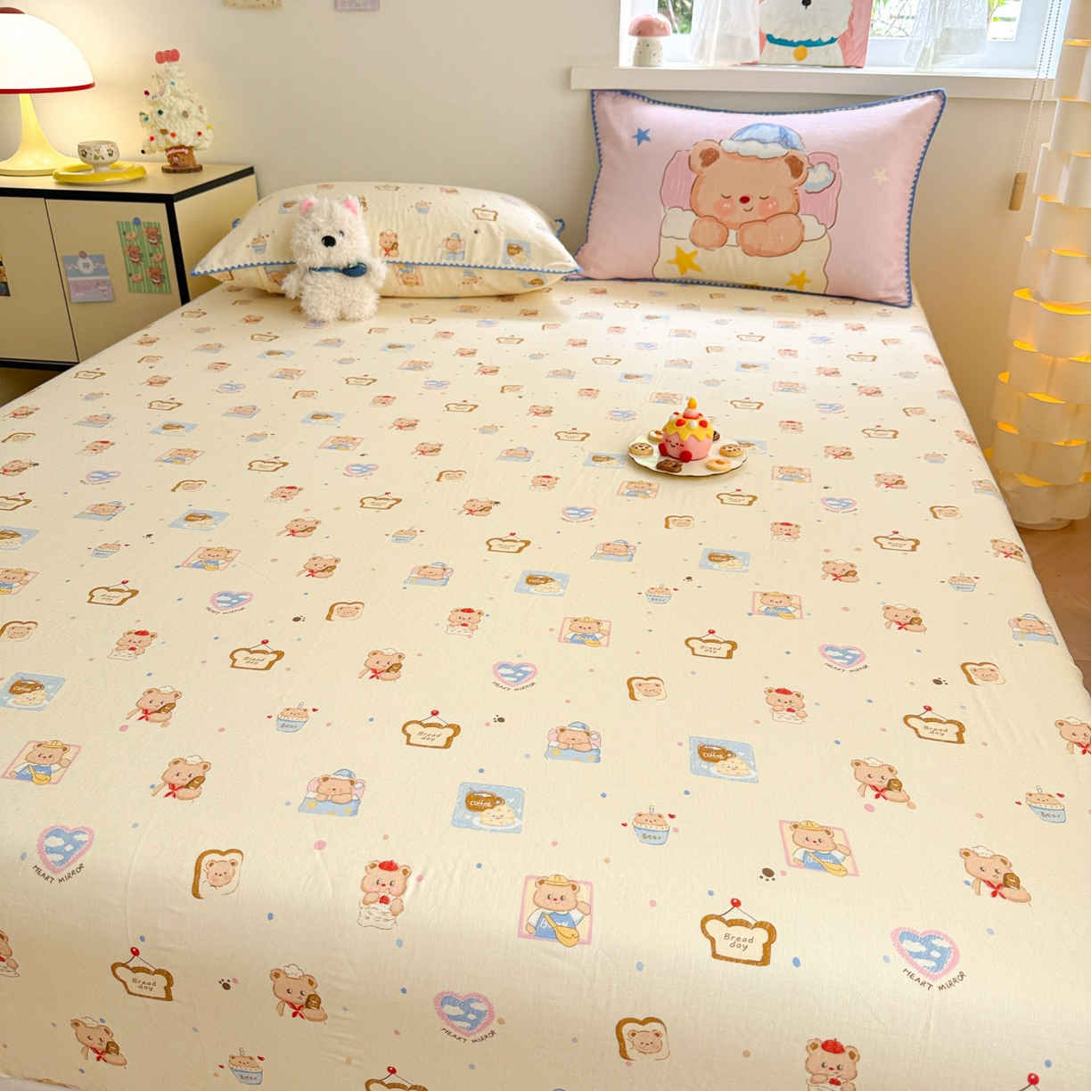 91家纺网 家纺一手货源 找家纺 沐辰 2025新款A类全棉纯棉双层纱单品床笠床笠单件单床笠 晚安熊