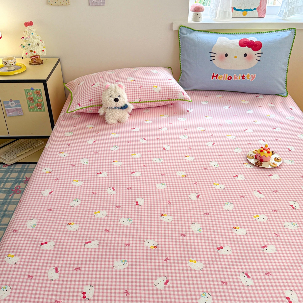 91家纺网 家纺一手货源 找家纺 沐辰 2025新款A类全棉纯棉双层纱单品床笠床笠单件单床笠 蓝色小猫