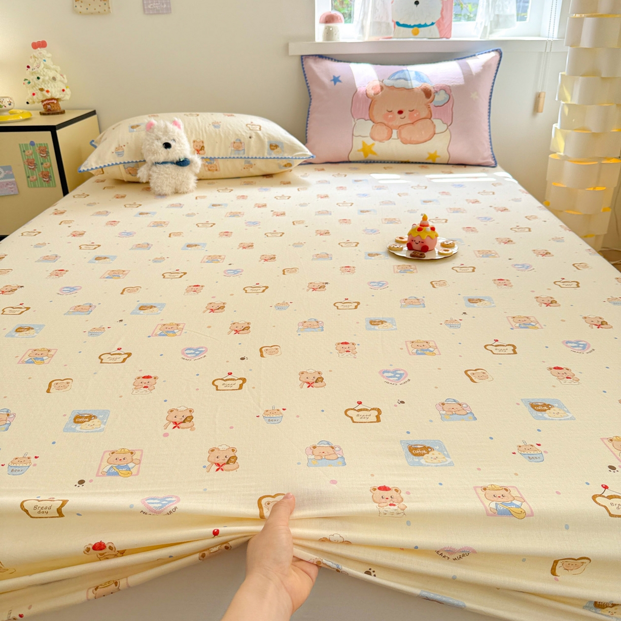 91家纺网 家纺一手货源 找家纺 沐辰 2025新款A类全棉纯棉双层纱单品床笠床笠单件单床笠 晚安熊