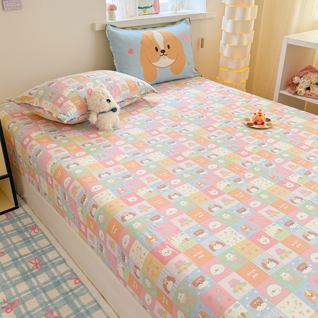 91家纺网 家纺一手货源 找家纺 沐辰 2025新款A类全棉纯棉双层纱单品床笠床笠单件单床笠 格子狗狗