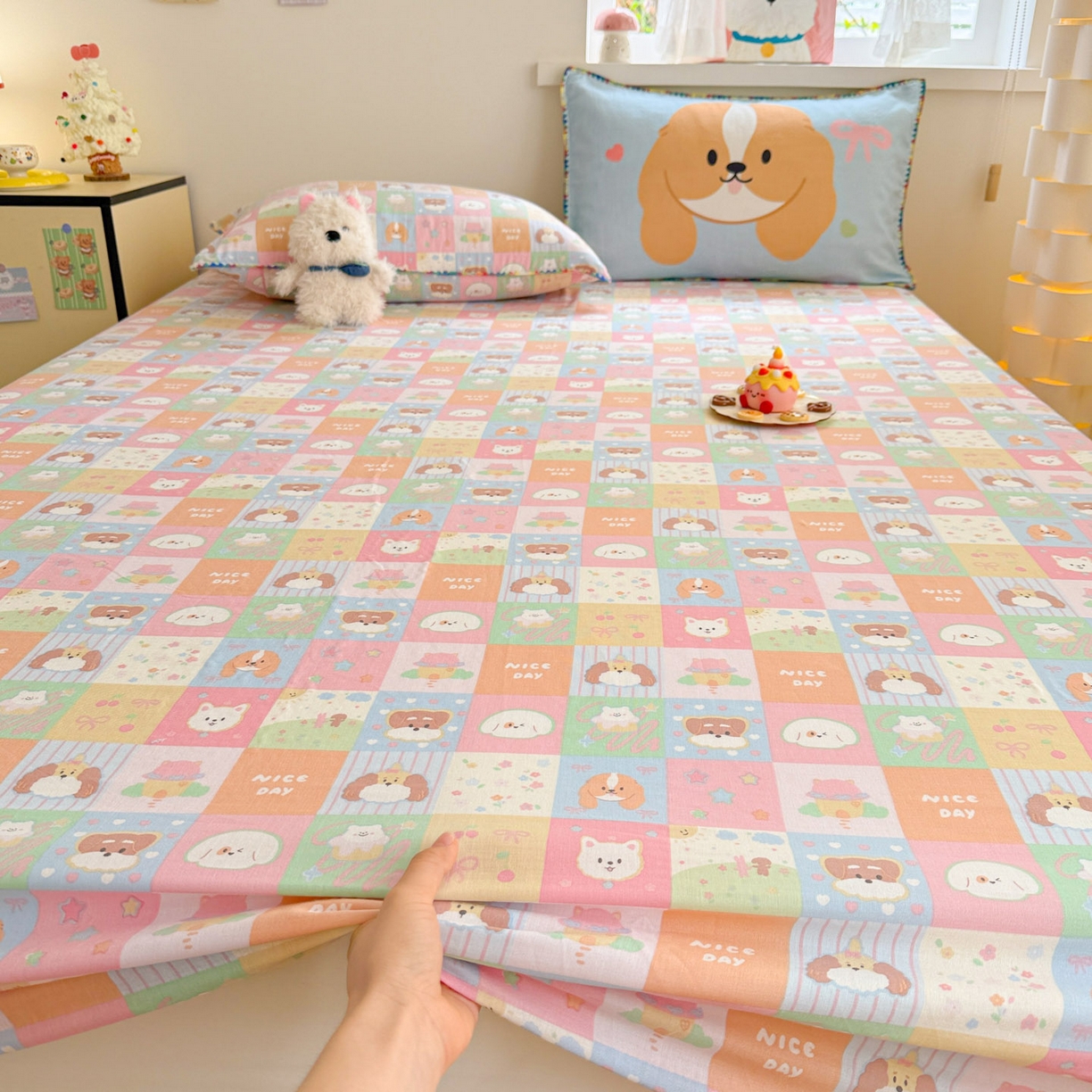 91家纺网 家纺一手货源 找家纺 沐辰 2025新款A类全棉纯棉双层纱单品床笠床笠单件单床笠 格子狗狗