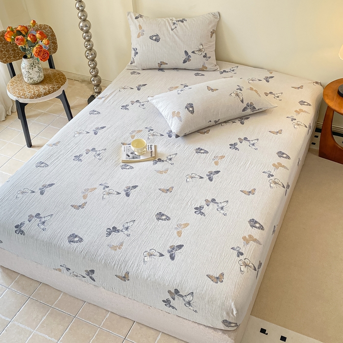 91家纺网 家纺一手货源 找家纺 康纳利 2025新款加厚亚麻皱皱纱床笠单床笠床笠单品 蝶舞