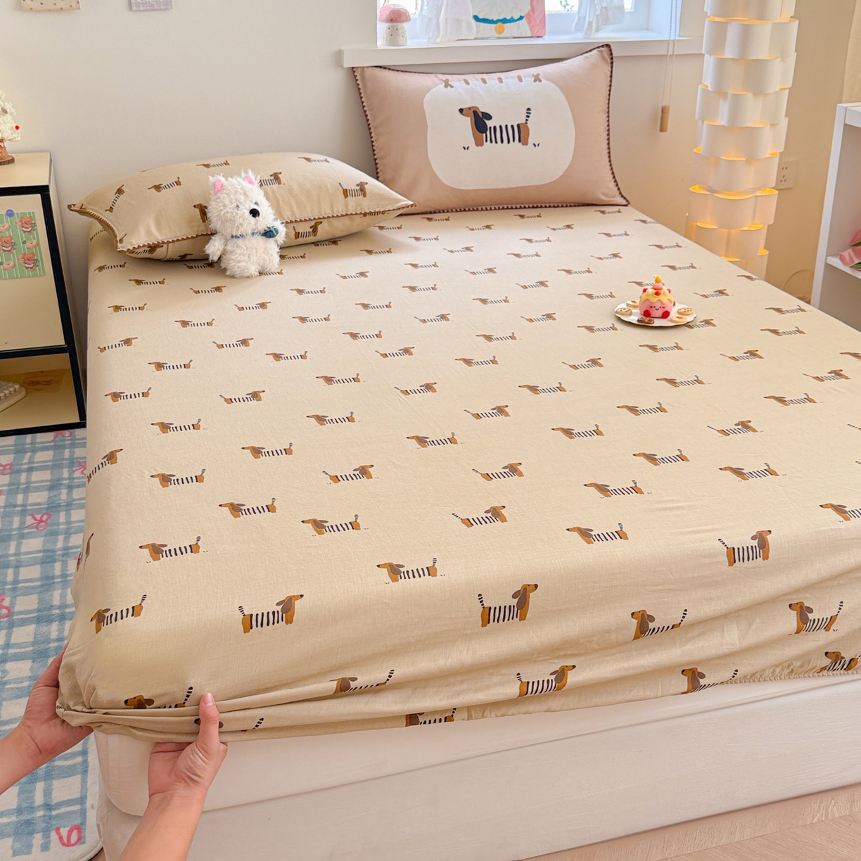 91家纺网 家纺一手货源 找家纺 沐辰 2025新款A类全棉纯棉双层纱单品床笠床笠单件单床笠 棒棒小狗