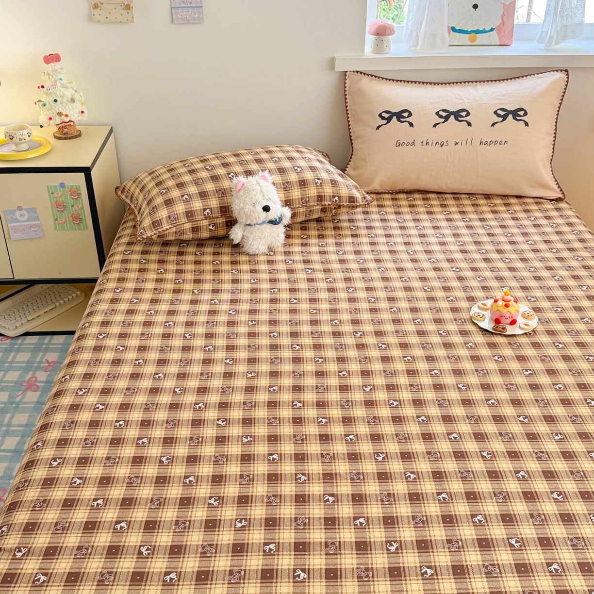 91家纺网 家纺一手货源 找家纺 沐辰 2025新款A类全棉纯棉双层纱单品床笠床笠单件单床笠 好运蝴蝶结