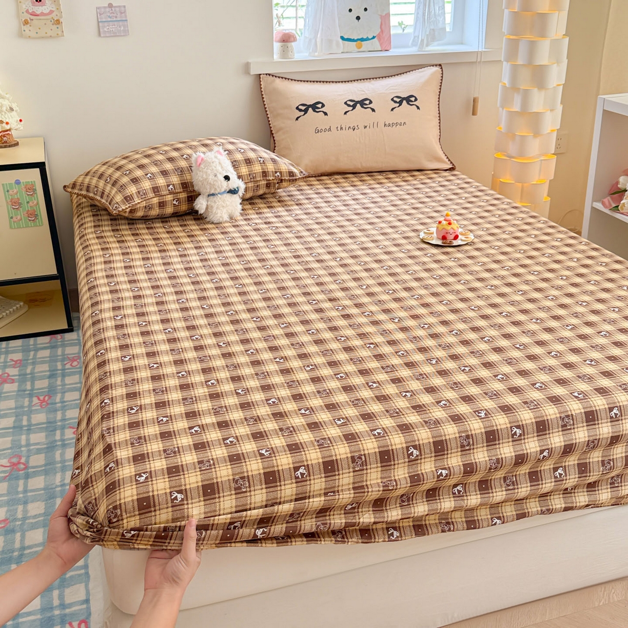 91家纺网 家纺一手货源 找家纺 沐辰 2025新款A类全棉纯棉双层纱单品床笠床笠单件单床笠 好运蝴蝶结