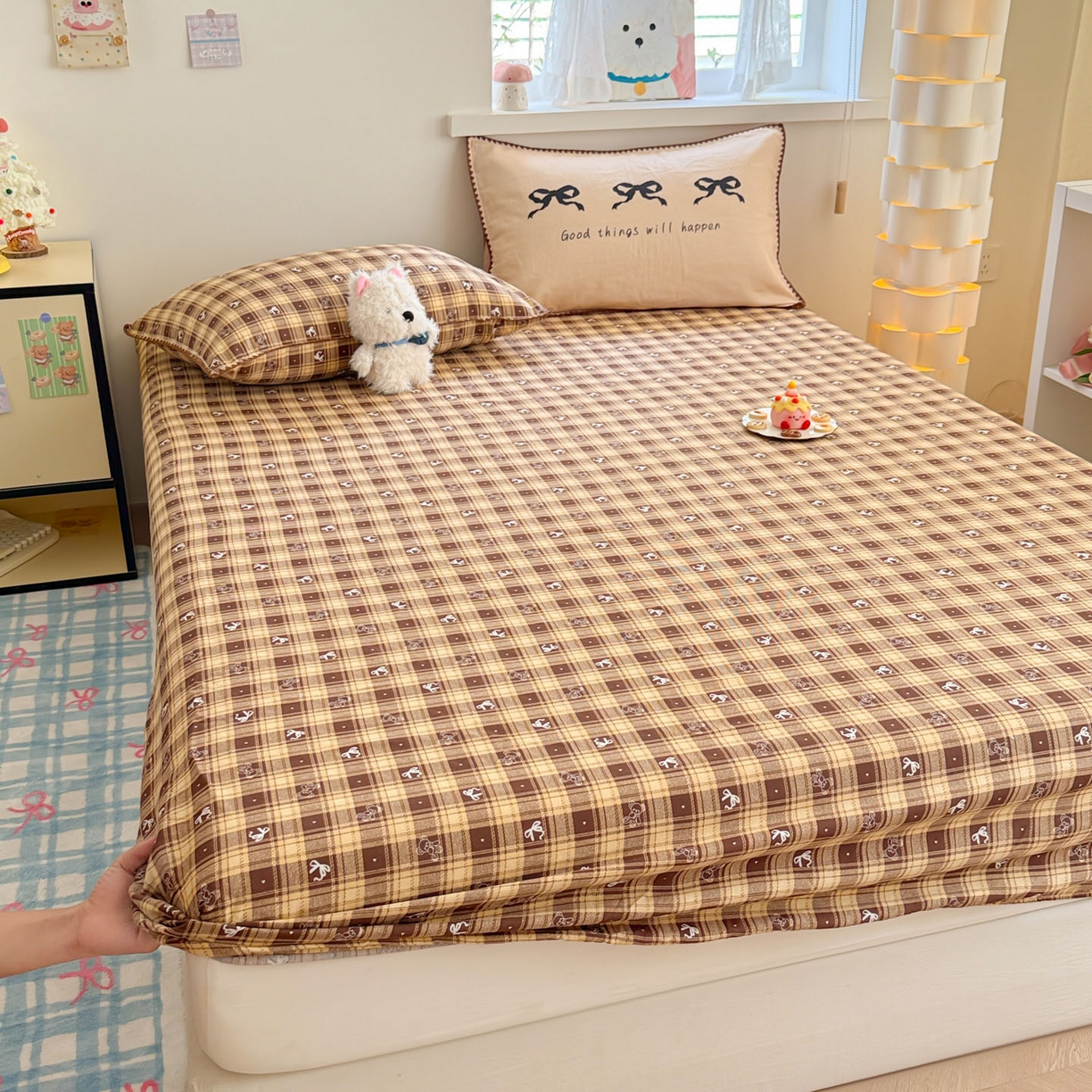 91家纺网 家纺一手货源 找家纺 沐辰 2025新款A类全棉纯棉双层纱单品床笠床笠单件单床笠 好运蝴蝶结