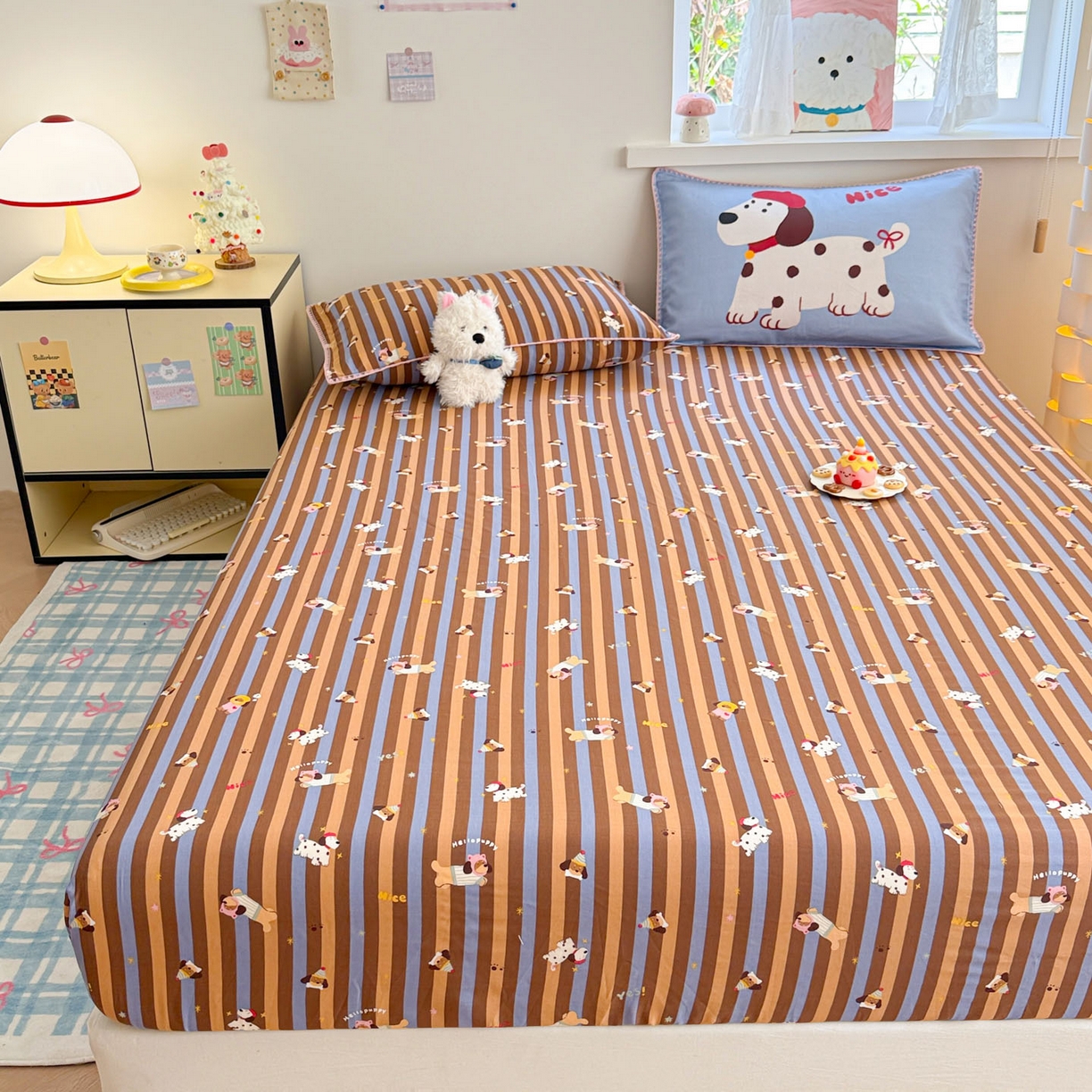 91家纺网 家纺一手货源 找家纺 沐辰 2025新款A类全棉纯棉双层纱单品床笠床笠单件单床笠 斑点狗